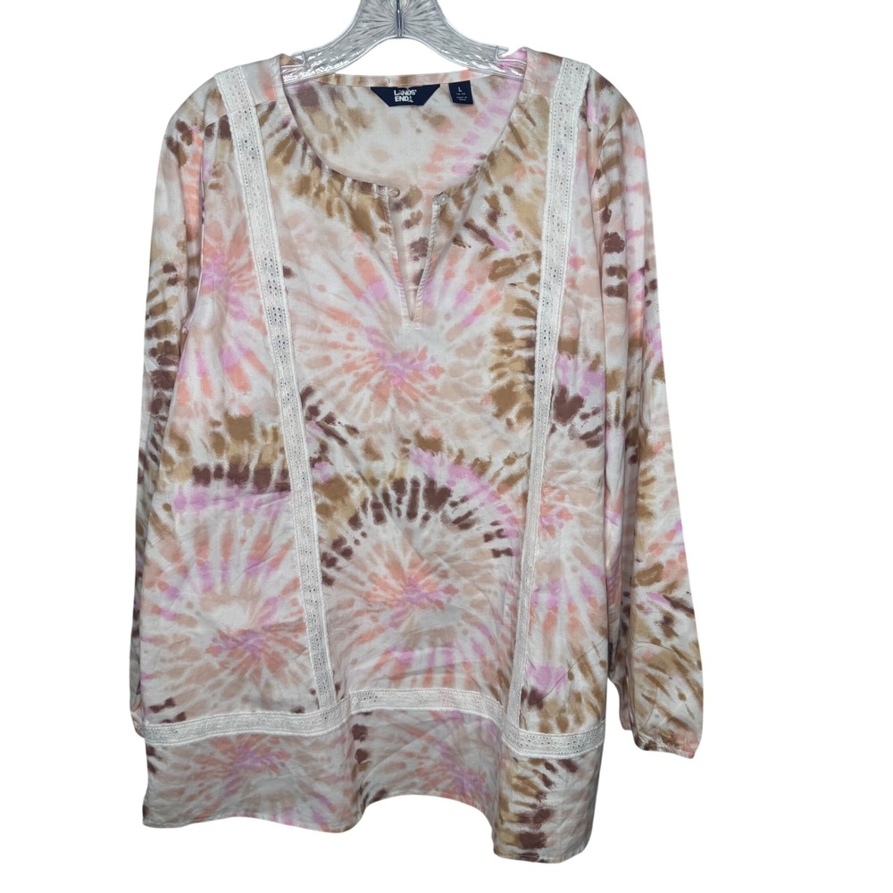 Lands‎ End Tie Dye Tunic Top Long Sleeve Lace Trim Women's Size L